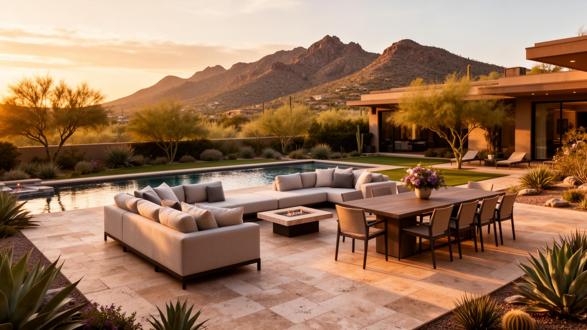 Luxury Arizona home with designer patio furniture at golden hour
